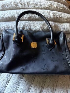 MCM Black Satchel with Gold Hardware and Monogram